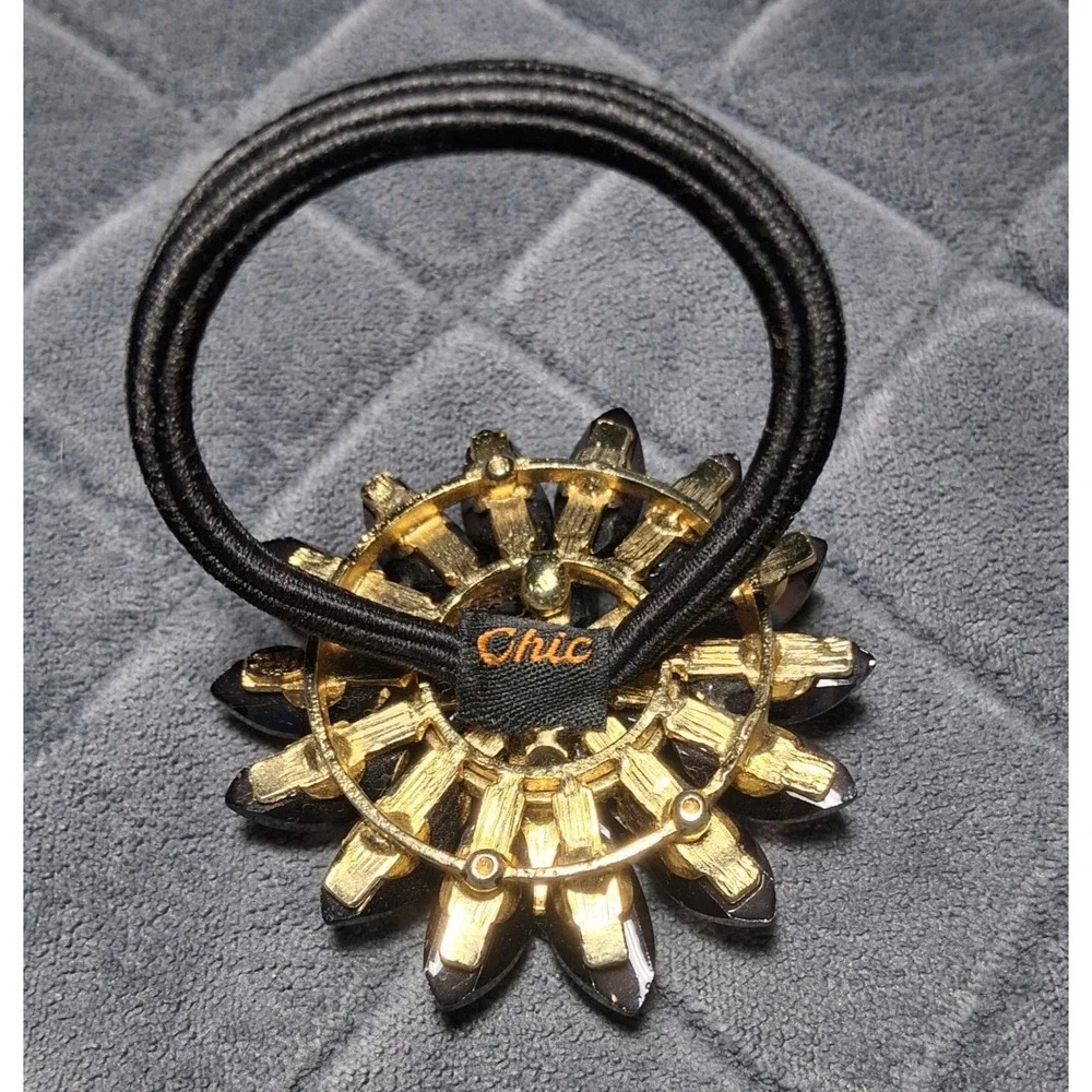 Chic Smoky Brown Glitter Flower Crystal Hair Tie Ponytail Holder Gold Tone Base